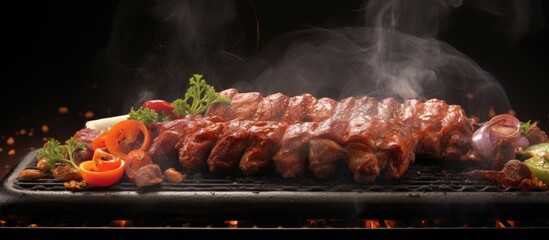 Sticker - Grilling vegetables and meat on a close-up bbq