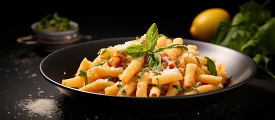 Wall Mural - Bowl of pasta with fresh lemon slice and basil