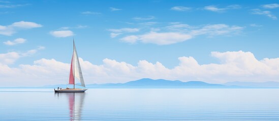 Canvas Print - Sailboat gliding on serene waters towards distant mountains