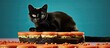 Black feline perched atop sandwich