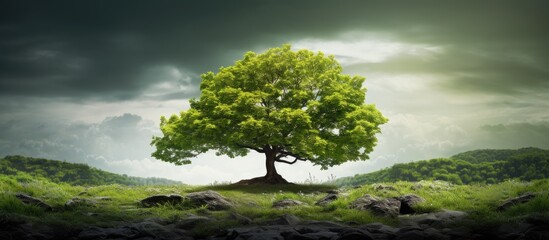 Canvas Print - A solitary tree atop a rocky hill amidst grass