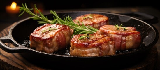 Wall Mural - Close up of sizzling meat with rosemary