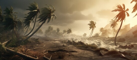 Poster - A beach scene with palm trees and rocky formations