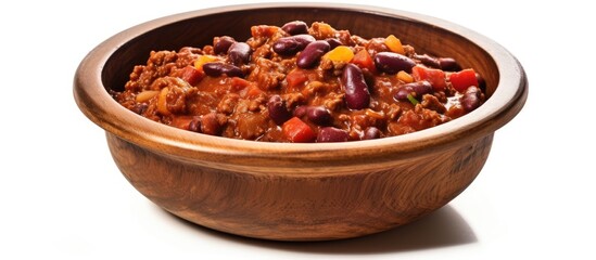 Wall Mural - Wooden bowl of chili and beans on white background