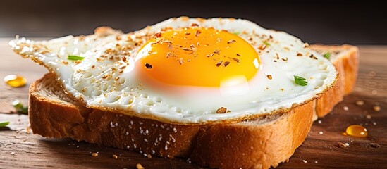 Poster - Fried egg on bread, close-up with pepper on wooden table