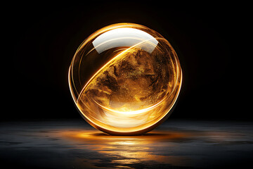 Gold color and glass sphere on black background