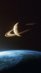 Wall Mural - view in space of a ringed planet in the middle of the scene above the horizon of a blue planet seen 