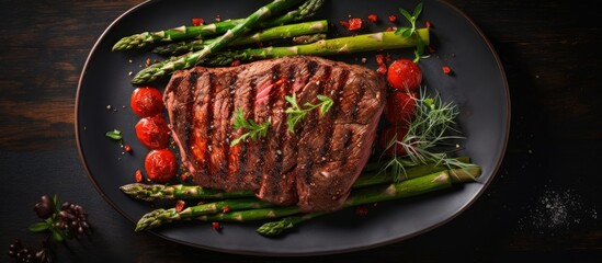 Poster - Steak and asparagus on dark plate