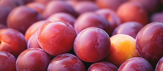 Wall Mural - Peach surrounded by a heap of plums