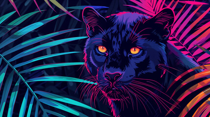 Black panther and neon tropical leaves.