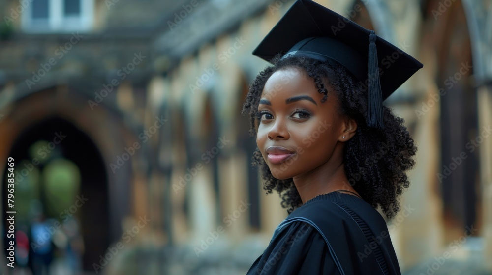 Young black woman in a gown and graduation cap standing in front of a ...