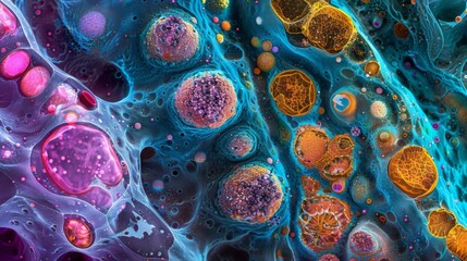 Wall Mural - A crosssection of a bone cell revealing its dense and organized structure with brightly colored organelles such as mitochondria and