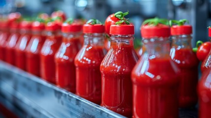 Wall Mural - Efficient bottled ketchup production line in a typical factory for optimal manufacturing