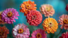 Group Of Colorful Zinnia Flowers In Various Shades Of Pink, Red, And Orange