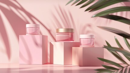 Three cosmetic product mockups on geometric podiums. Background for presentation of cosmetic