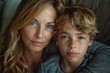 © Larisa AI - Close up portrait of a woman and young boy, both with vibrant blue eyes and similar facial features