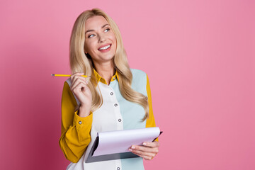 Sticker - Photo of adorable cheerful woman banker economist hold document contract look empty space isolated on pink color background