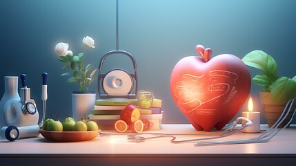Wall Mural - Healthy lifestyle concept. 3D illustration of a healthy heart, fruits and vegetables on the table.