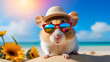 Cute mouse wearing sunglasses at the seaside