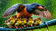 mother bird spreads her wings to protect her chicks from the rain