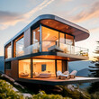 house on the beach.a futuristic dwelling with modular living spaces that offer endless possibilities for rearrangement and customization. The illustration should highlight the sleek and streamlined de