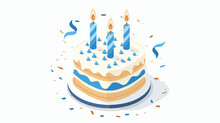 Birthday Large Cake With Three Blue Burning Candle