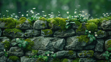 Moss-covered Stone Wall With Tiny Ferns And Wildflowers Growing Between Cracks