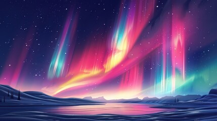 Wall Mural - Illustration of the Northern Lights casting vibrant colors over a snowy landscape
