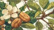 Illustration of a branch of a nut tree, probably a walnut tree. On the branch you can see green leaves and mature nuts with a characteristic rough skin. The branch also has white flowers with visible 
