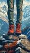 Illustration showing the feet of an adventurer standing at the peak of a mountain, emphasizing the rugged terrain and the sense of achievement