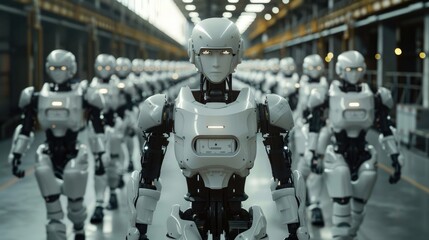 Poster - A group of autonomous robots. Displacement of work by artificial intelligence. Future of manufacturing.