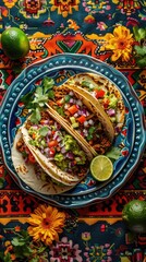 Wall Mural - Mexican tacos with guacamole and vegetables in a blue plate on a Mexican bright embroidered tablecloth