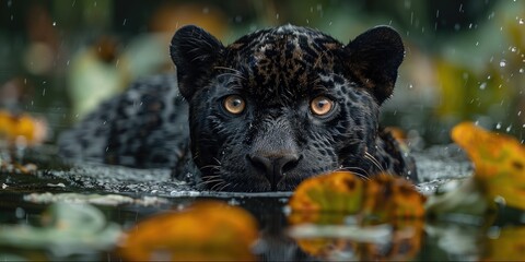Wall Mural - black jaguar in a south american wetland