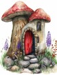 Watercolor illustration of a fantasy mushroom house