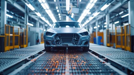 Fototapete - Car body on an automotive assembly line in a factory before paint is applied. Movement of vehicles along the production line at the plant.