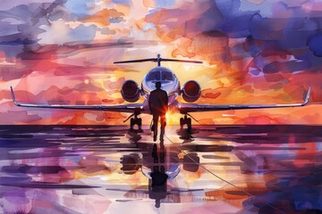 Canvas Print - A painting of a plane on a runway at sunset. Suitable for aviation industry promotions
