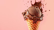 Scoop of crave-worthy dark rich chocolate ice cream with velvety texture in waffle cone with melting dripping, chocolate sauce splashes on pink background
