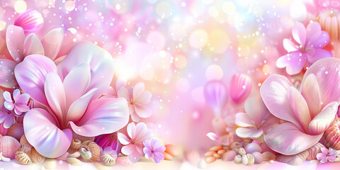 Wall Mural - A pink background with flowers and shells. The background is very soft and calming