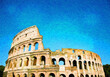 Rome, Italy - Colosseum on blue sky - Creative illustration, vintage impressionistic design.
