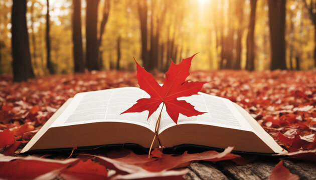 holy bible with red leaves in autumn forest