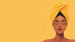 Concept female engaged in personal skin care routines, standing with a yellow towel wrapped around her head with copy space