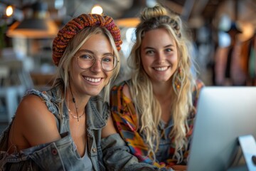 Two women with joyful expressions working together on a laptop in a modern space