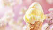 Scoop of creamy vanilla ice cream in waffle cone. Floral background. Delicious refreshing dessert