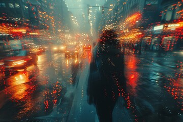 A rainy urban scene capturing blurred human figures and colorful light reflections on wet surfaces