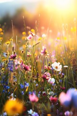 Wall Mural - a fantasy spring landscape with colorful wildflowers blooming 