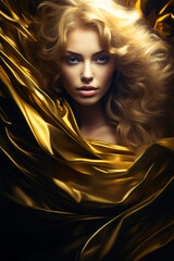 Wall Mural - Woman with long blonde hair wrapped in golden cloth.