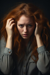 Wall Mural - Woman with red hair is holding her head with her hands.