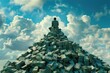 A man standing on top of a pile of money, suitable for finance and success concepts