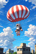 little cybernetic child robot is gliding in the sky with a white parachute with red stripes