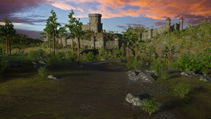 Wall Mural - Medieval landscape with bridge leading to a large castle surrounded by high walls. 3D rendered illustration.